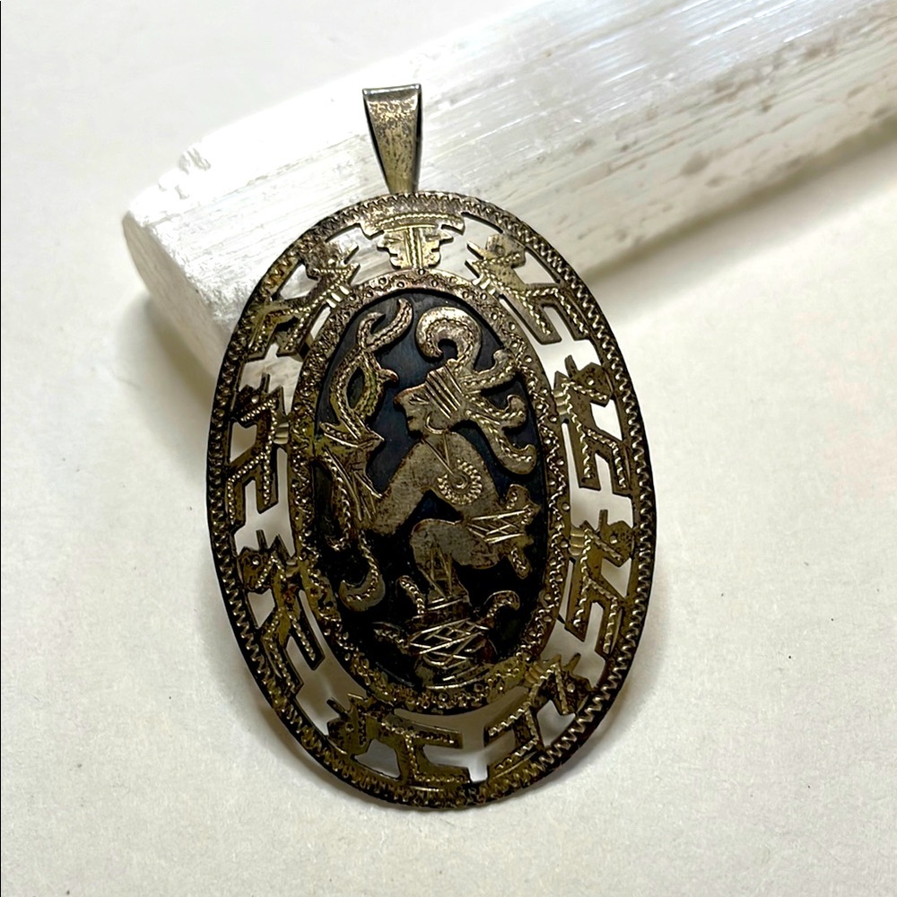 Vintage Guatemalan Pendent/Brooch 900 Silver with Gold Fill Maya/Aztec Imagery